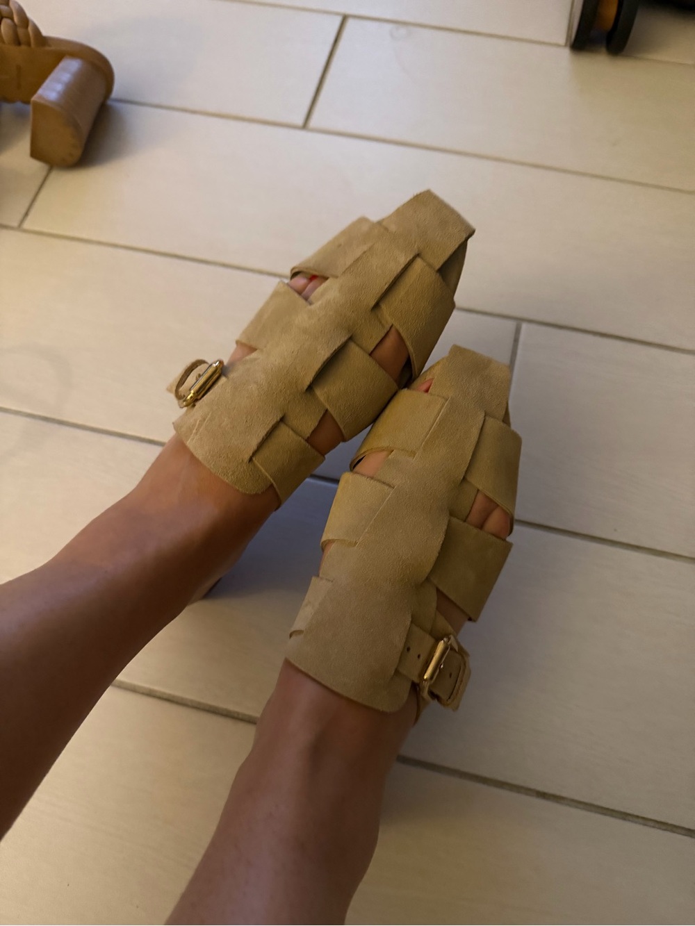 Zara Woven Suede Mules in Tan with Gold Buckle